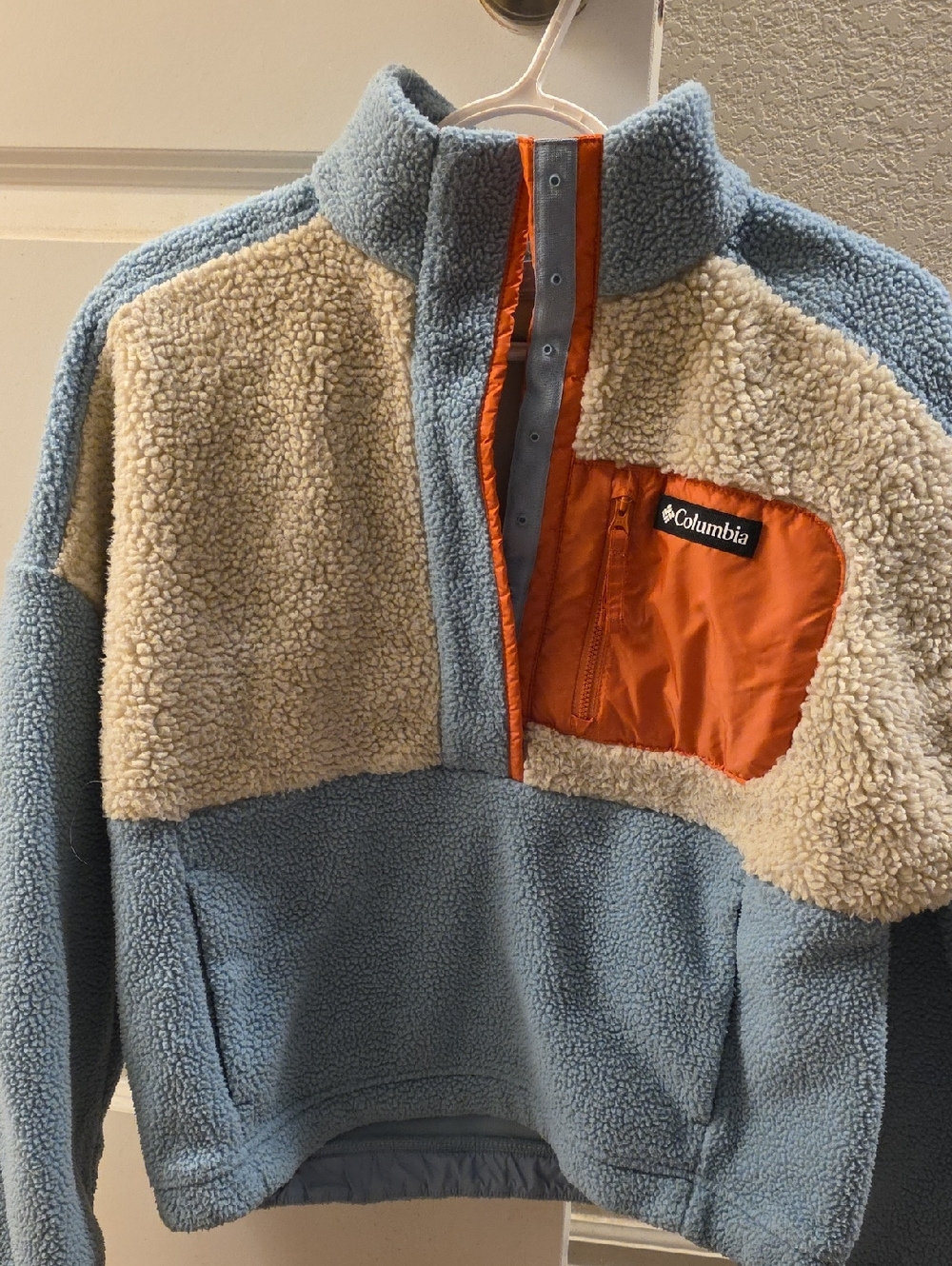 Womens Columbia  Blue and Cream Sherpa Pullover with Orange Chest Pocket